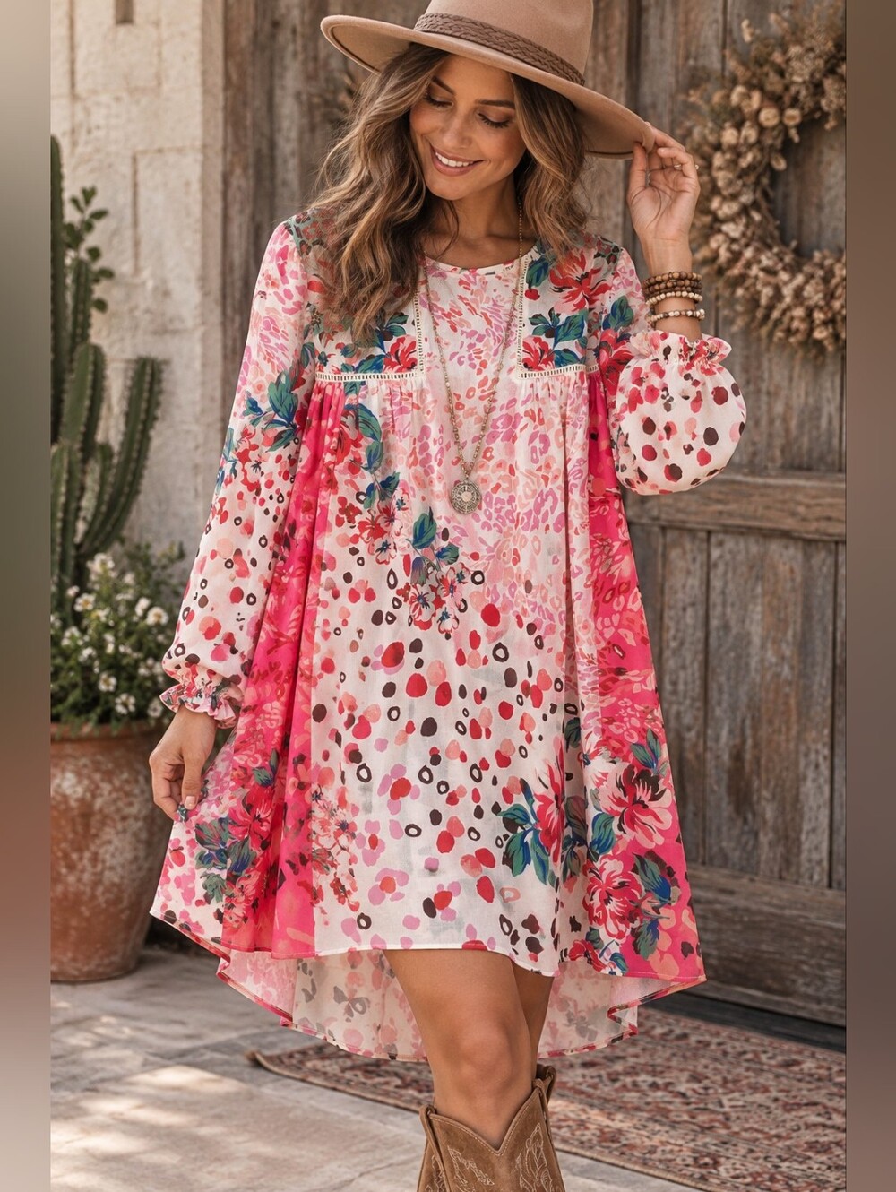 Umgee Size L Pink Mixed Floral Boho Babydoll Dress High Low Bell Sleeve Tunic